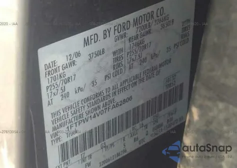 2007 Ford F-150 Xlt/Lariat/Fx4 z USA, uszkodzony, nr VIN 1FTPW14V07FA62806